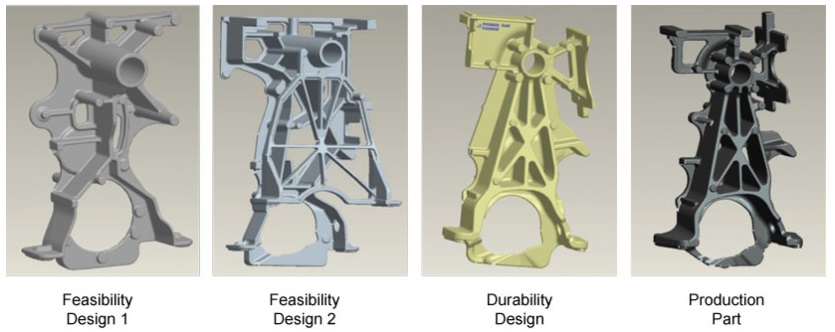 three feasibility designs and the final production part for a tractor engine